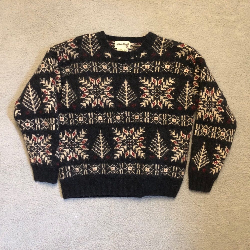 VTG Eddie Bauer Mens XL Wool Blend Fair Isle Snowflake Christmas Sweater Navy